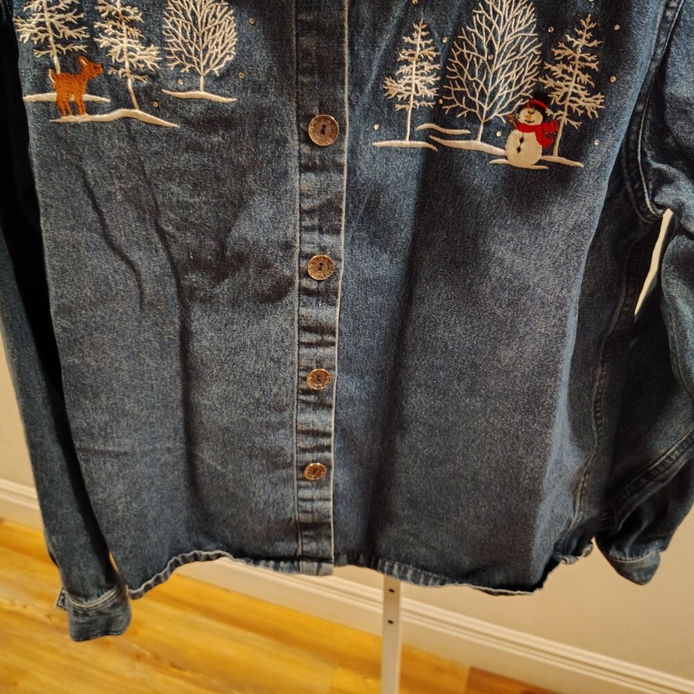 Decorated Originals Vintage Embroidered Christmas Denim Button Front Shirt XL - Picture 5 of 12